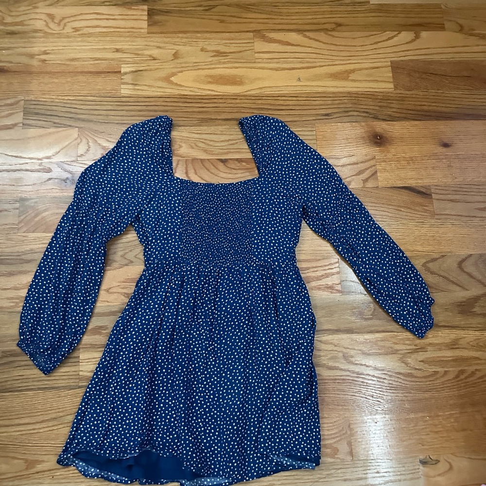 Blue and white polka dot long sleeve mini dress